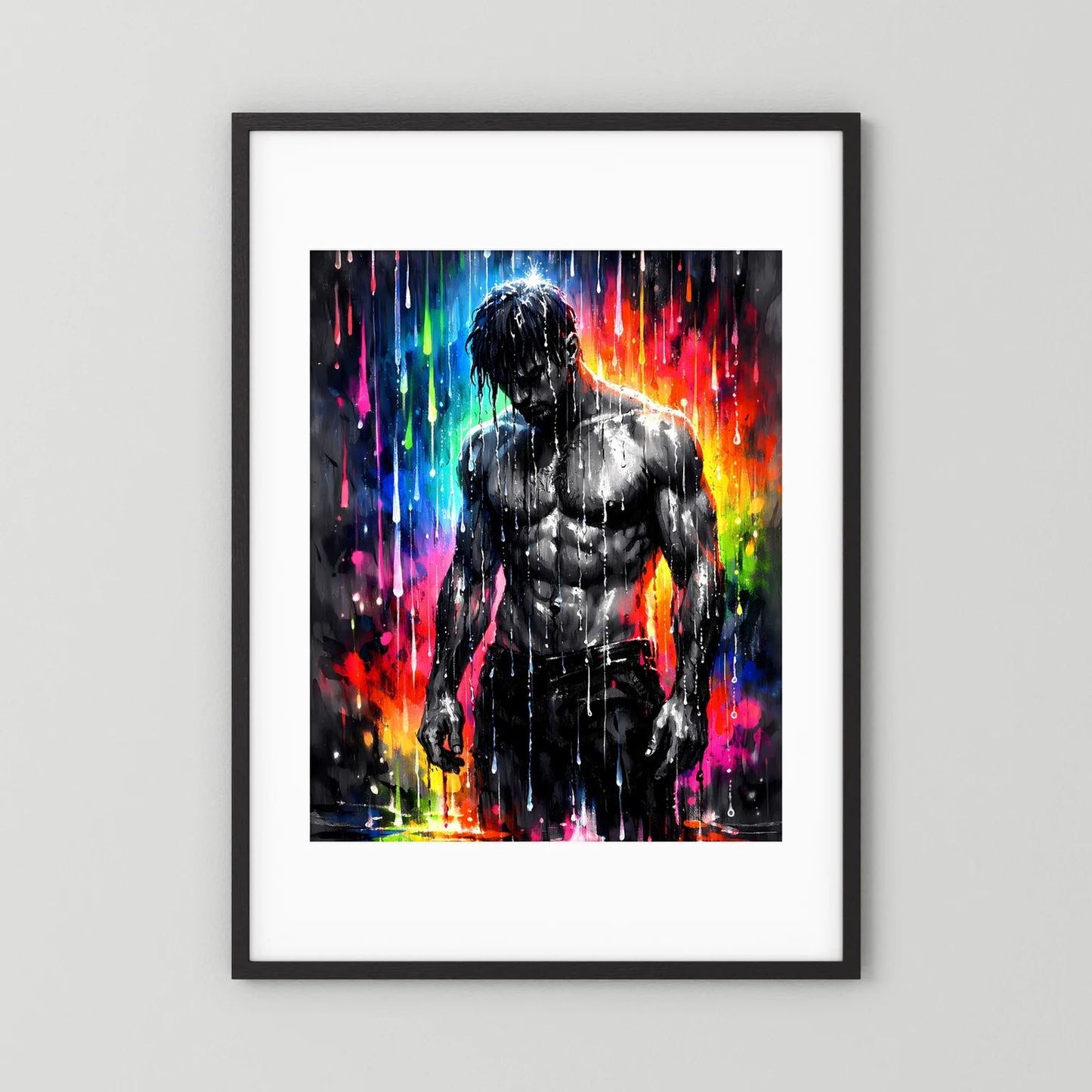 Wandbild im Hochformat mit muskulösem Mann in Schwarz, Neon-Farbregen, schwarzer Rahmen