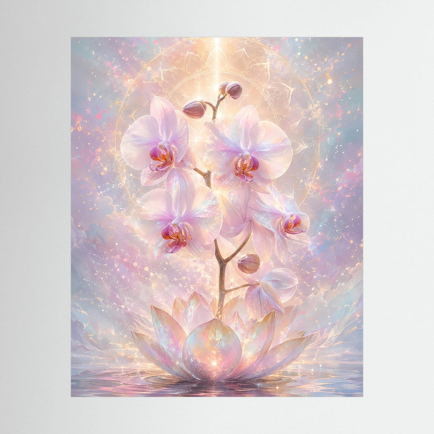 Hochformatiges Poster mit pastellfarbenen Orchideen- und Lotusblüten in Goldtönen