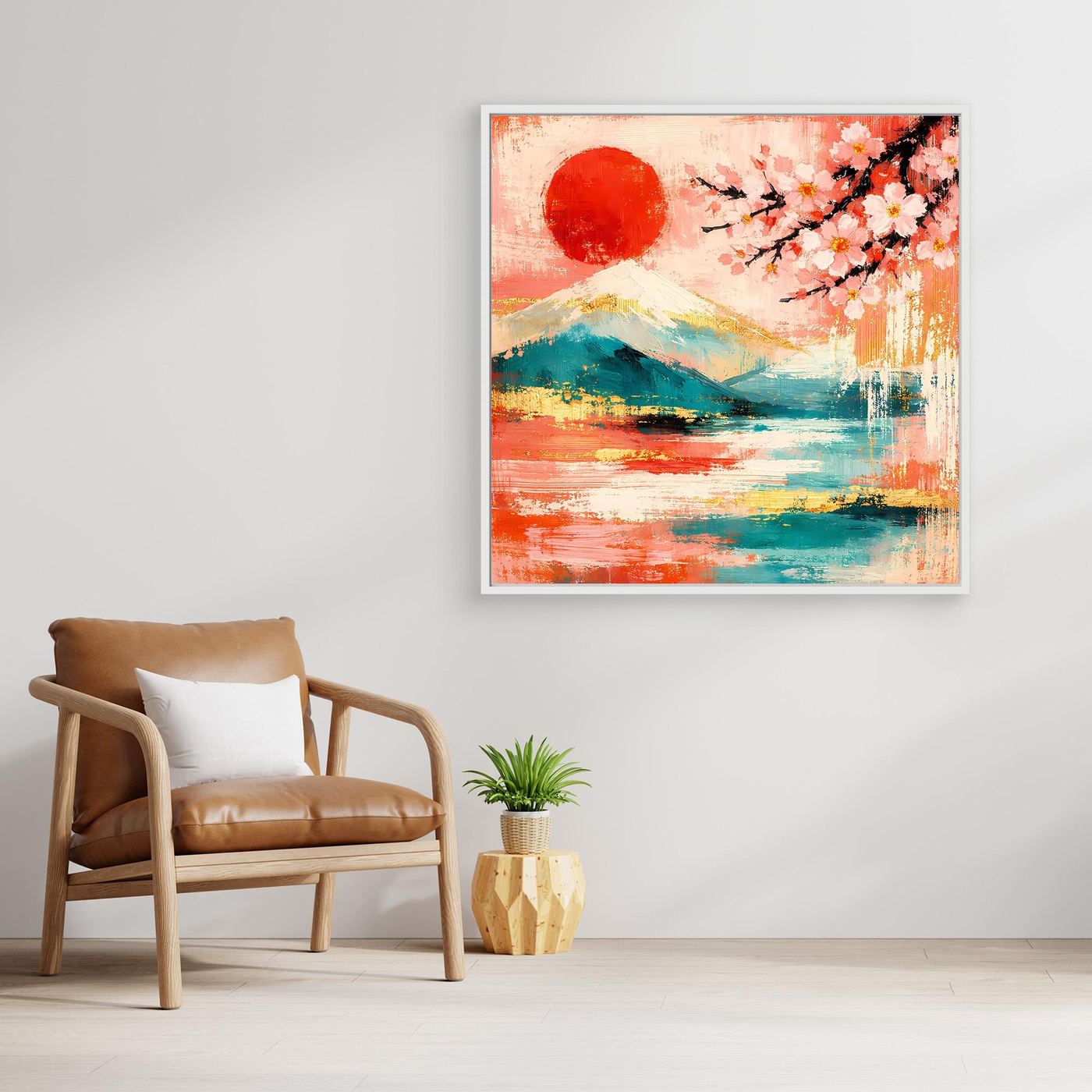 Abstraktes Leinwandbild mit roter Sonne, Kirschblüten und Landschaftsmotiv im hellen Rahmen