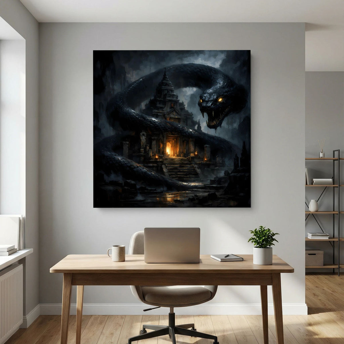 Fantasy-Leinwandbild mit dunkler Riesenschlange und beleuchtetem Tempelsteg im Hintergrund