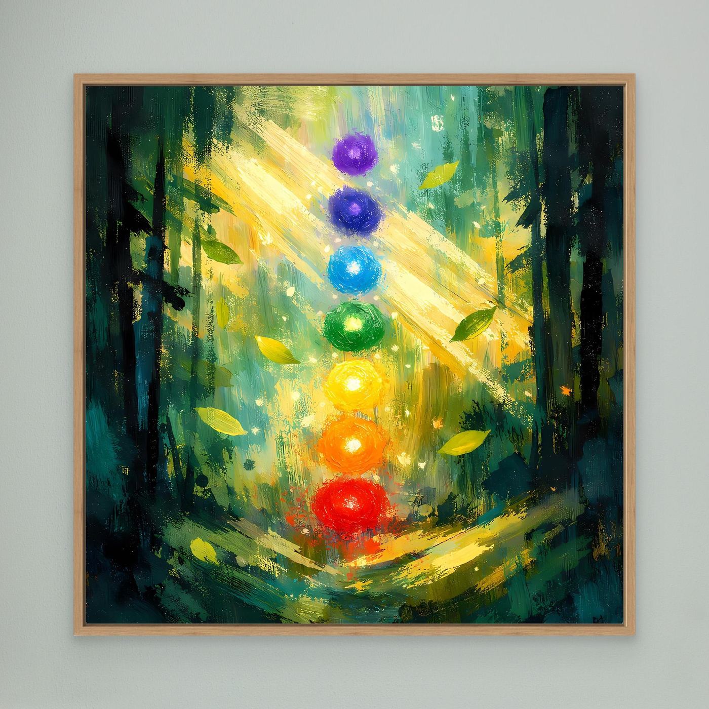 Leinwand-Wandbild mit Waldmotiv, leuchtenden sieben Chakren, Eichenholzrahmen.