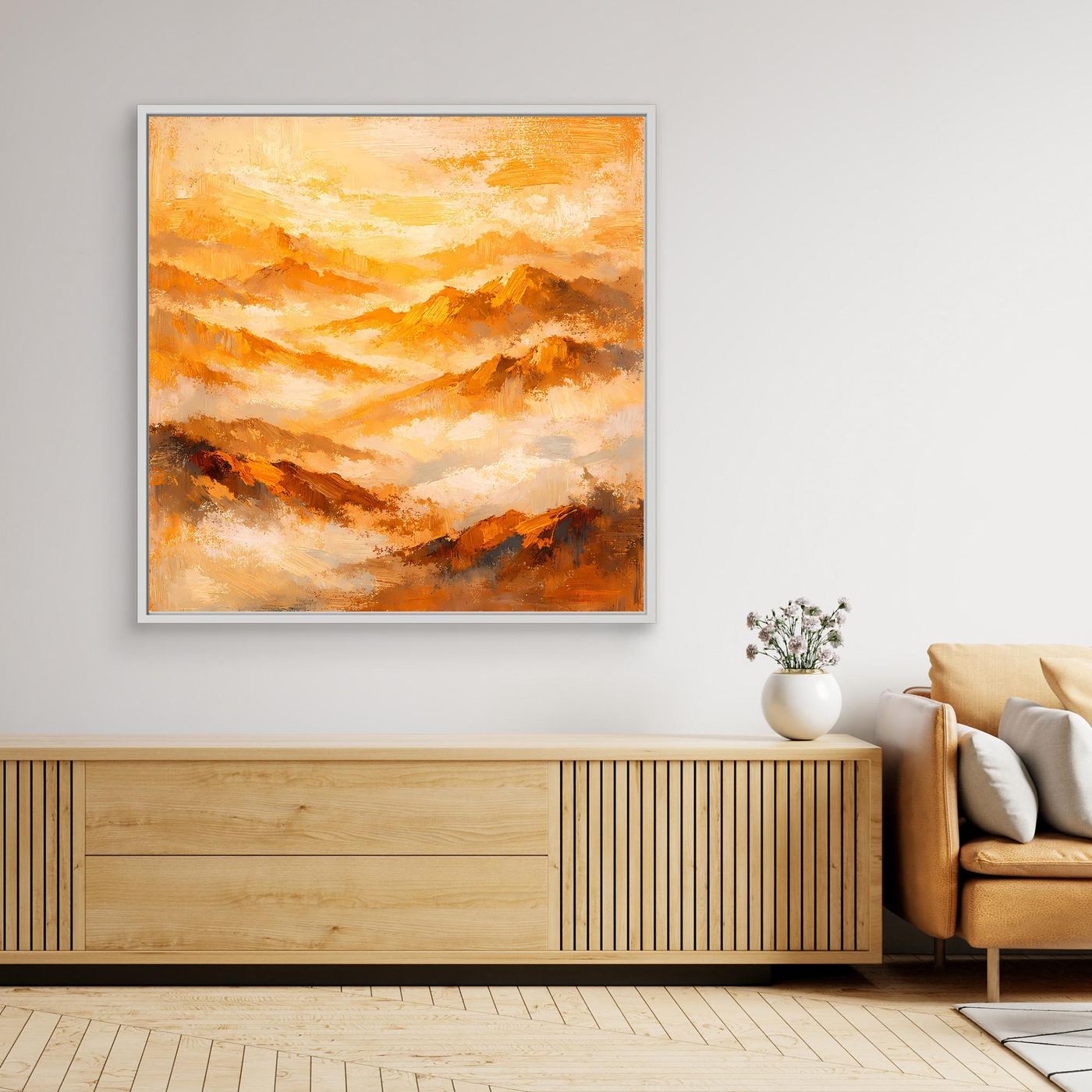 Abstraktes Leinwand-Wandbild: gold-orange Berge im Nebel, weißer Rahmen