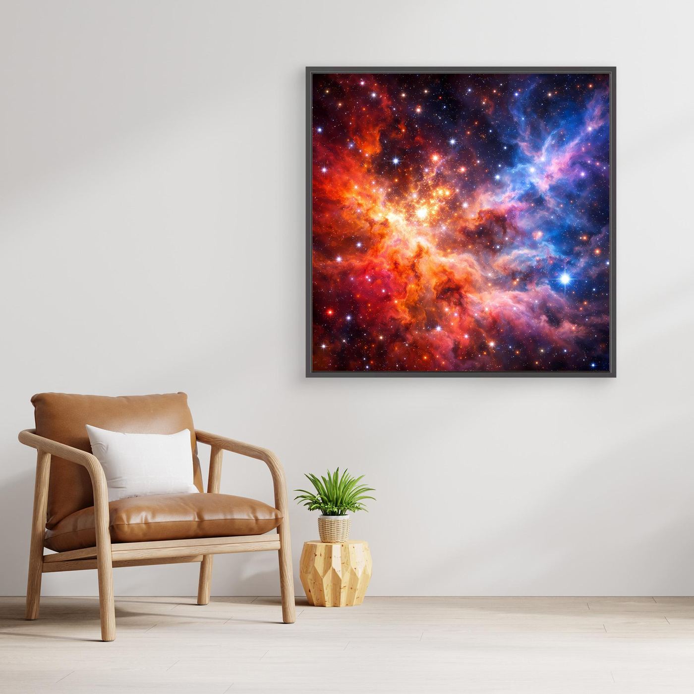 Leinwandbild mit kosmischem Nebelmotiv, dunkler Rahmen