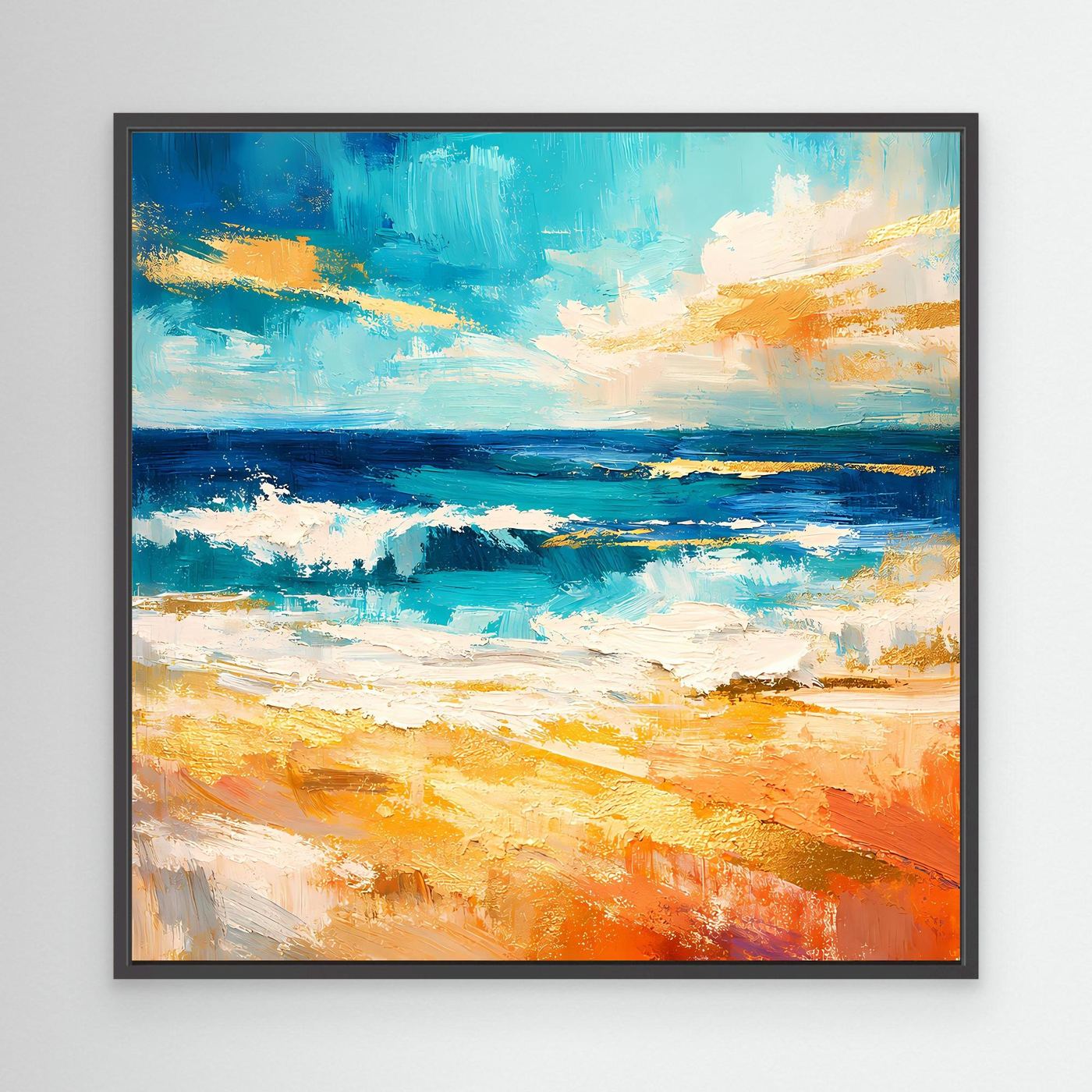 Quadratisches Leinwandbild abstraktes Strandmotiv mit schwarzem Rahmen, Blau/Türkis, Orange