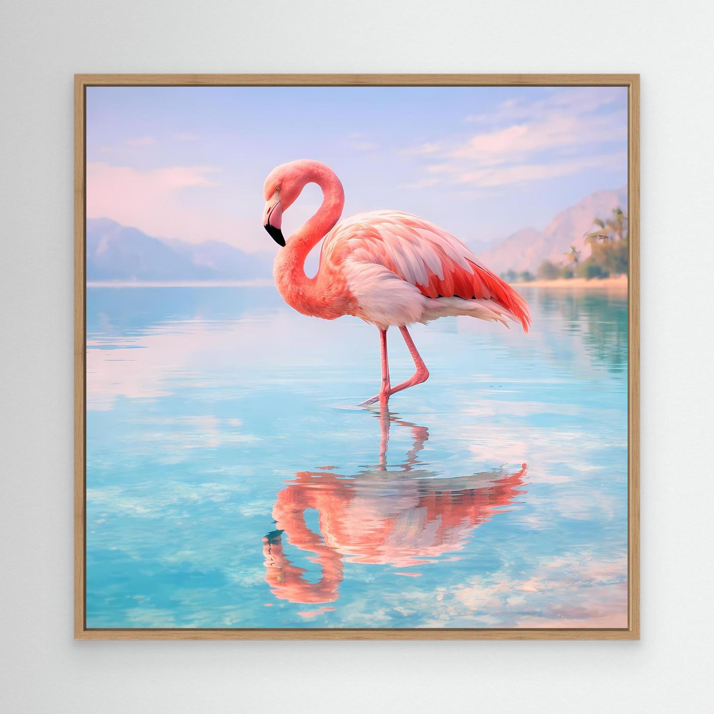 Wandbild mit Flamingo am See, Eichenholzrahmen
