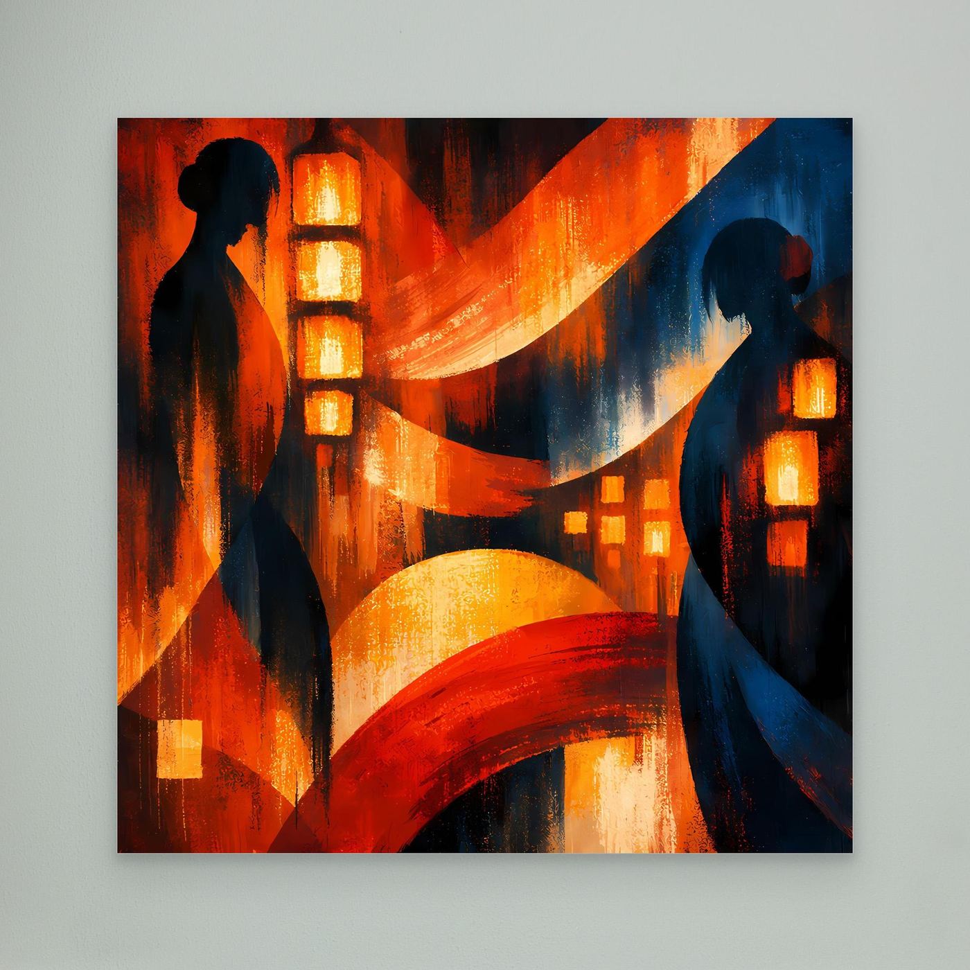 Japanisches Wandbild auf Leinwand mit zwei Geisha-Silhouetten und Laternen, abstraktem Rot-Blau-Motiv