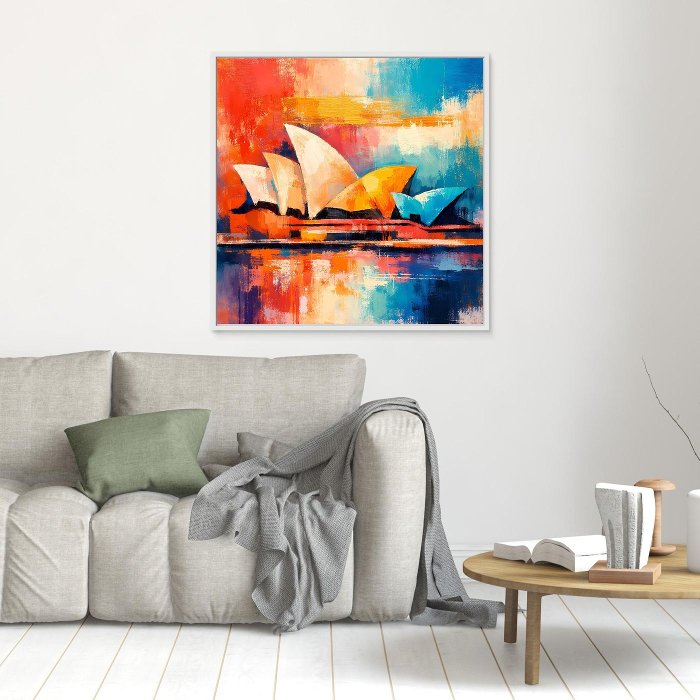 Abstraktes Leinwand-Wandbild: Segelboot in Rot, Blau, Gelb, silbern gerahmt