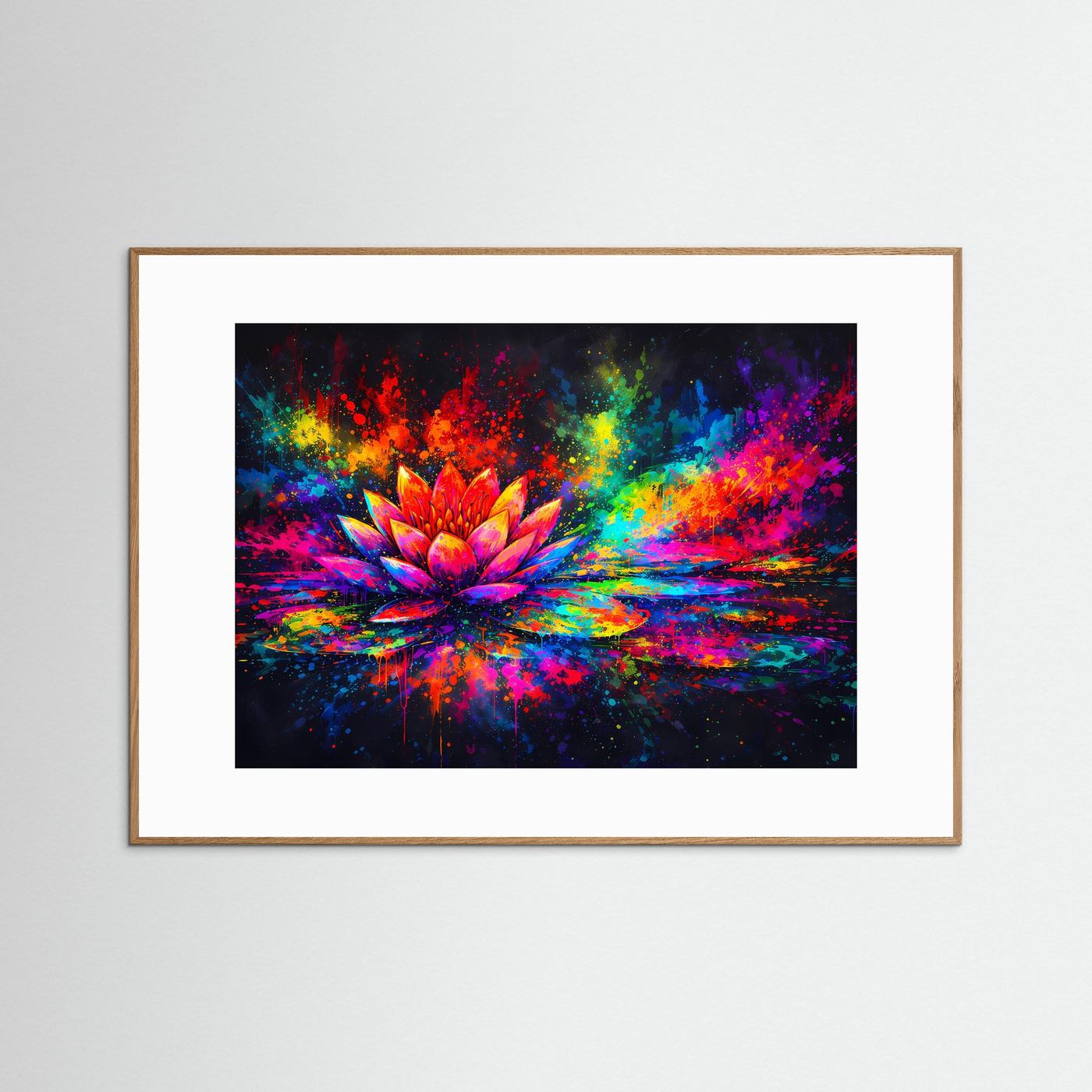 Kunstposter mit Neon-Seerose im Graffiti-Look, kräftige Farbspritzer, Spiegelung, braun gerahmt