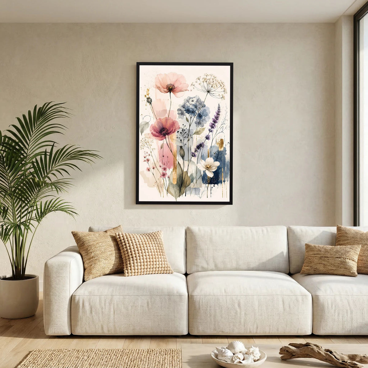 Kunstposter im Hochformat mit botanischen Wildblumen in Pastellfarben, schwarzer Rahmen