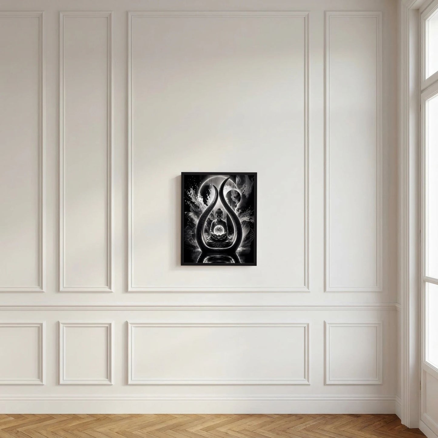 Gerahmtes Schwarzweiß-Kunstposter mit Buddha im Flammenmotiv an der Wand