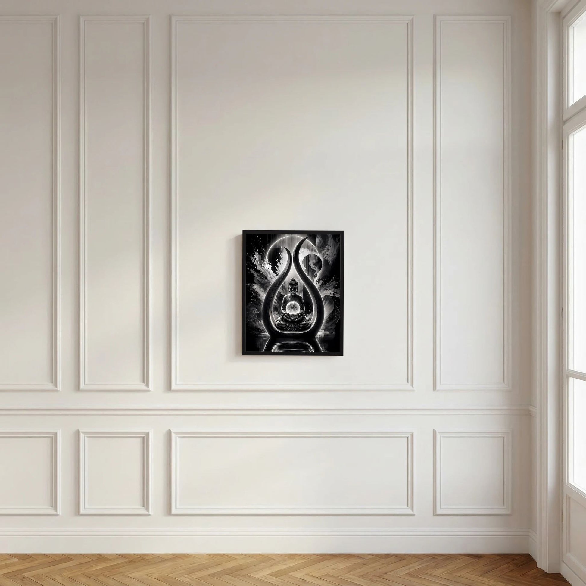 Gerahmtes Schwarzweiß-Kunstposter mit Buddha im Flammenmotiv an der Wand