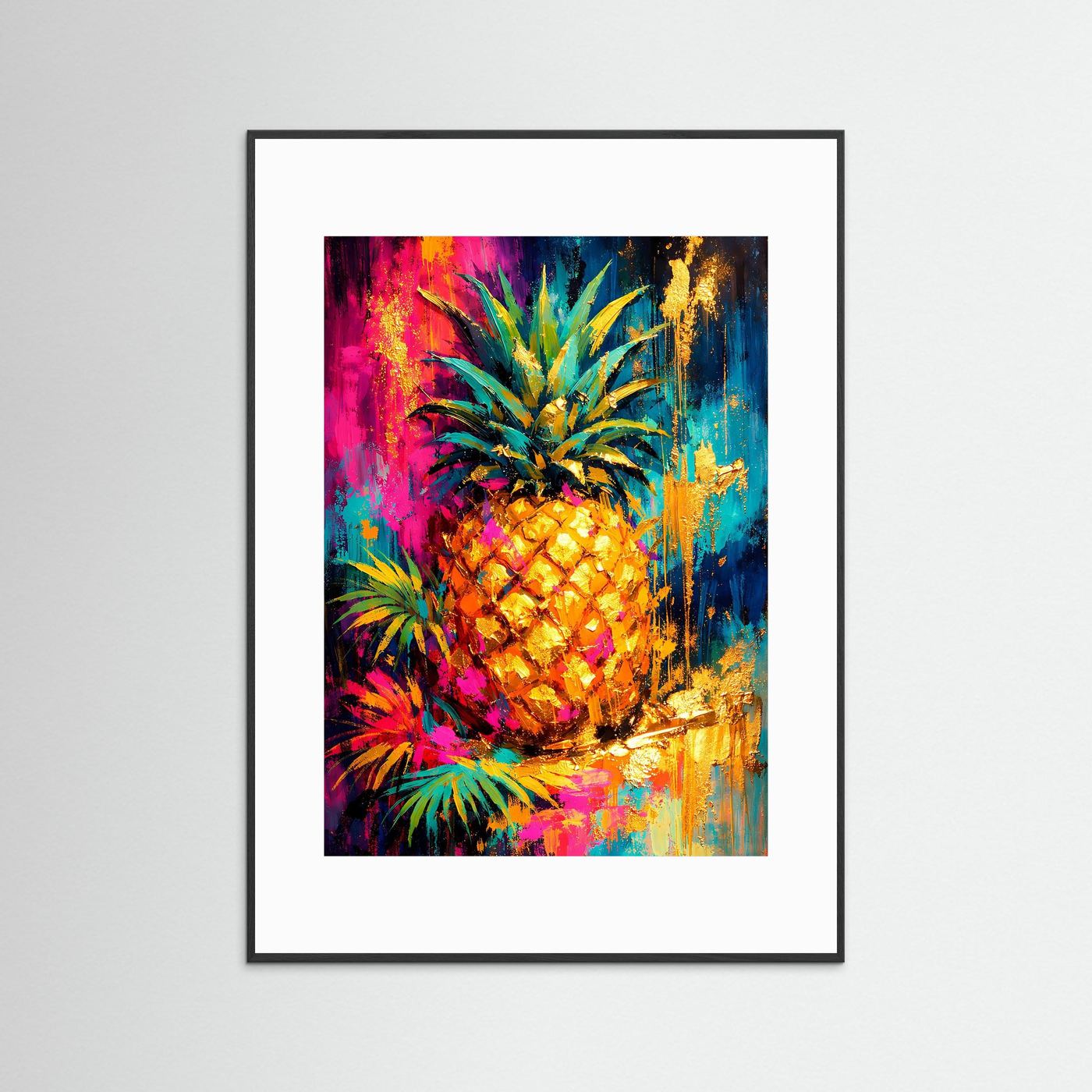 Gerahmter Kunstdruck im Hochformat mit Passepartout: Ananasmotiv mit Palmenblättern und Goldakzenten
