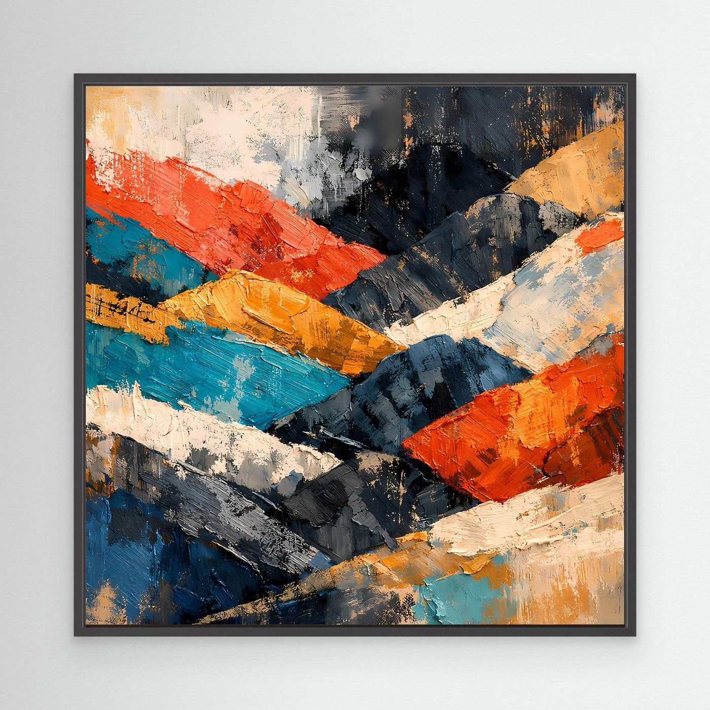 Abstraktes Berglandschaft-Wandbild mit schwarzem Rahmen; kontrastreiche Pinselstriche in Blau, Orange, Weiß.