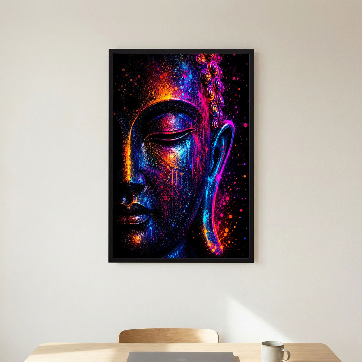 Kunstposter mit abstraktem Buddha-Gesicht im Neonlicht, neonfarbenes Profil, schwarzer Rahmen
