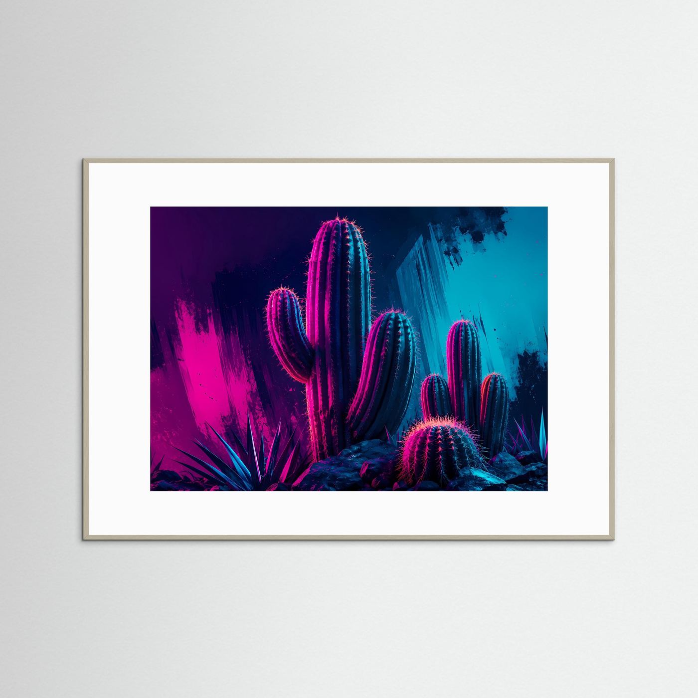 Neon-Kaktus in Pink & Blau | Modernes Wandbild im Cyberpunk- & Synthwave-Stil