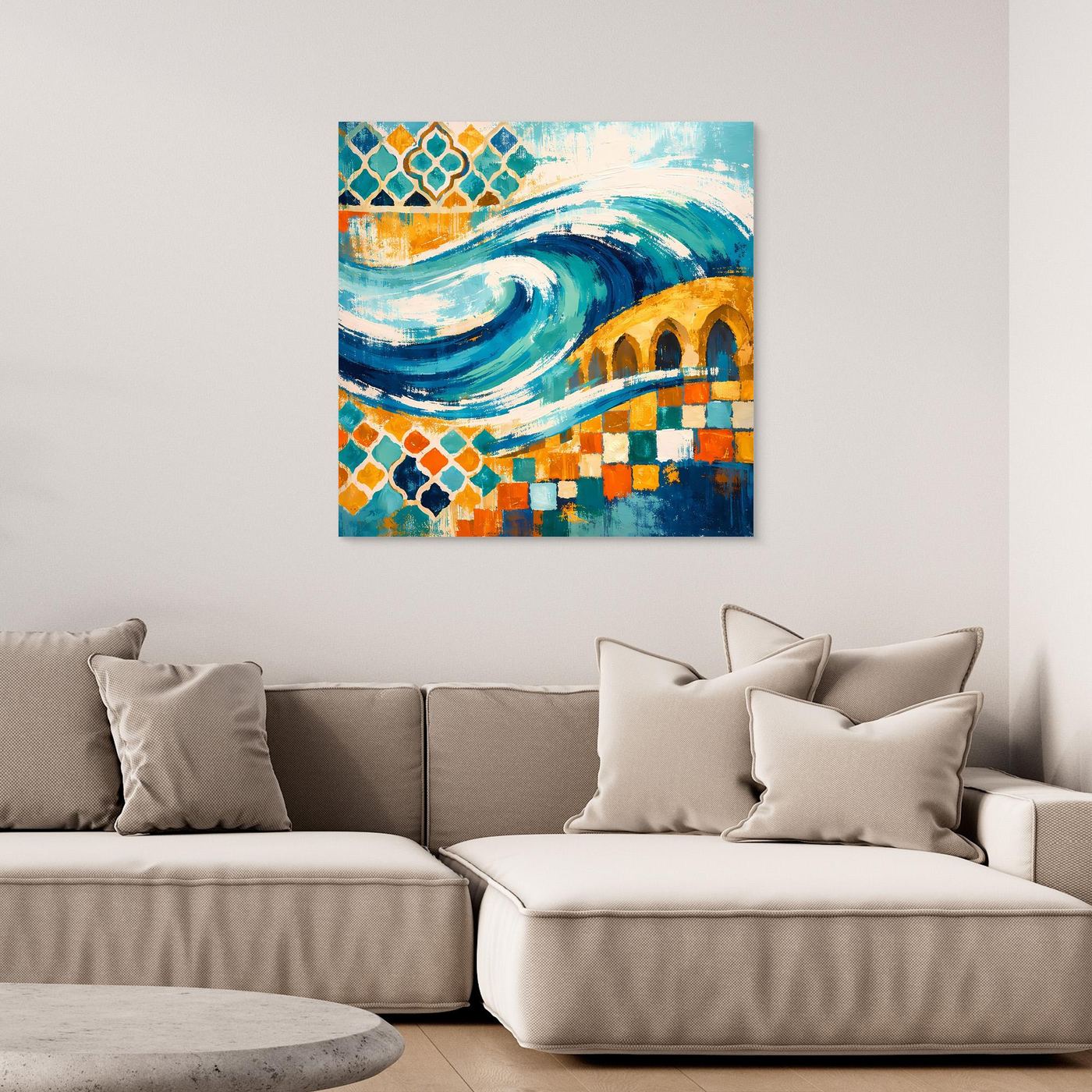 Abstraktes Leinwand-Wandbild mit Wellen- und Mosaikornamenten in Blau, Grün und Gelb