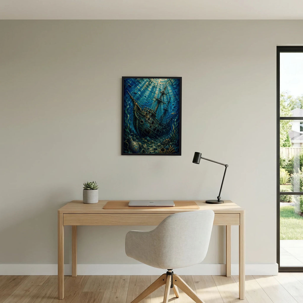 Poster mit versunkenem Segelschiff im Mosaikstil, türkisblau und gold