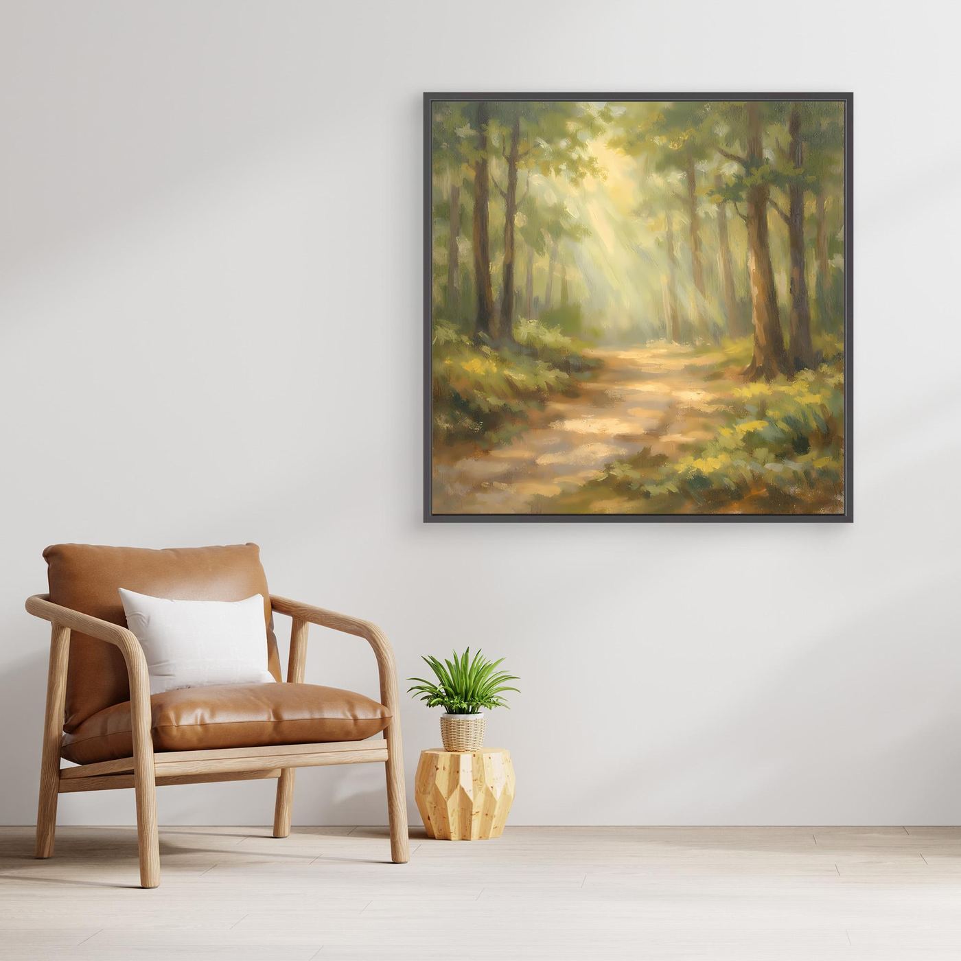 Leinwandbild Waldlandschaft mit Sonnenstrahlen im schwarzen Rahmen, quadratisch