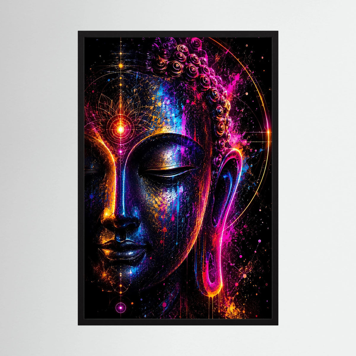 Hochformatiges Poster mit abstraktem Buddha-Gesicht in leuchtenden Neonfarben, schwarzer Rahmen