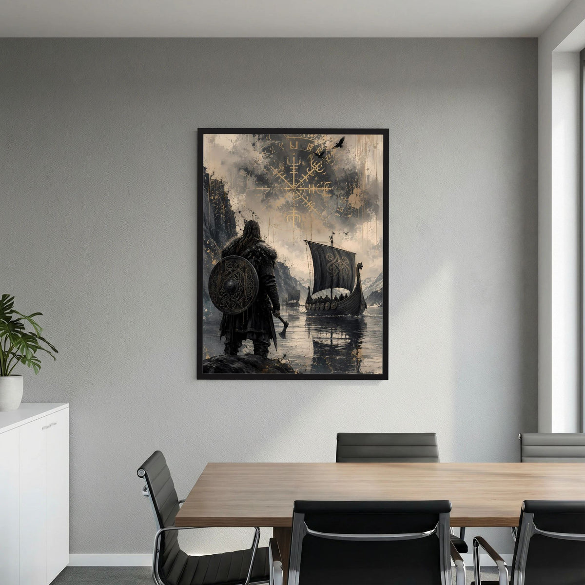 Hochformat-Poster: Wikingerkrieger mit Schild, Langschiff und Runensymbolen