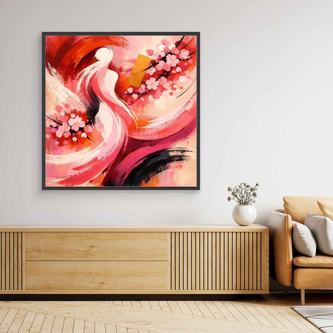 Abstraktes Leinwandbild mit Kirschblüten und weißer Silhouette, rot-pink, schwarzer Rahmen