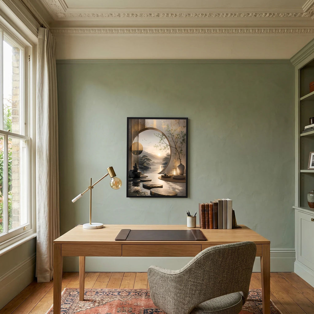 Wandposter im schwarzen Rahmen: Asiatische Landschaft mit Mondscheibe, Felsstufen und Laterne