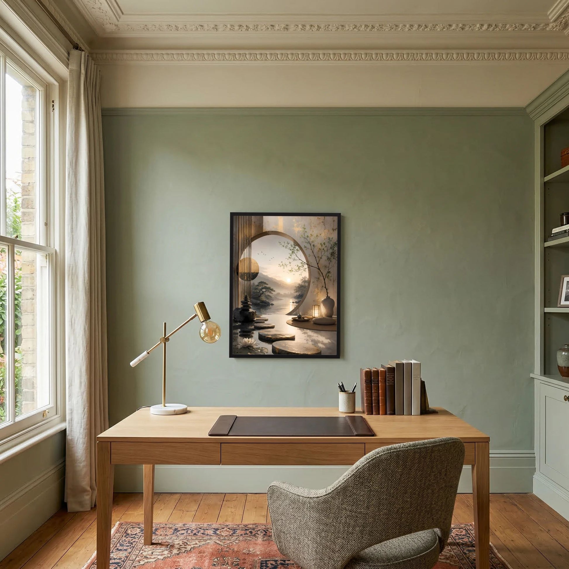 Wandposter im schwarzen Rahmen: Asiatische Landschaft mit Mondscheibe, Felsstufen und Laterne