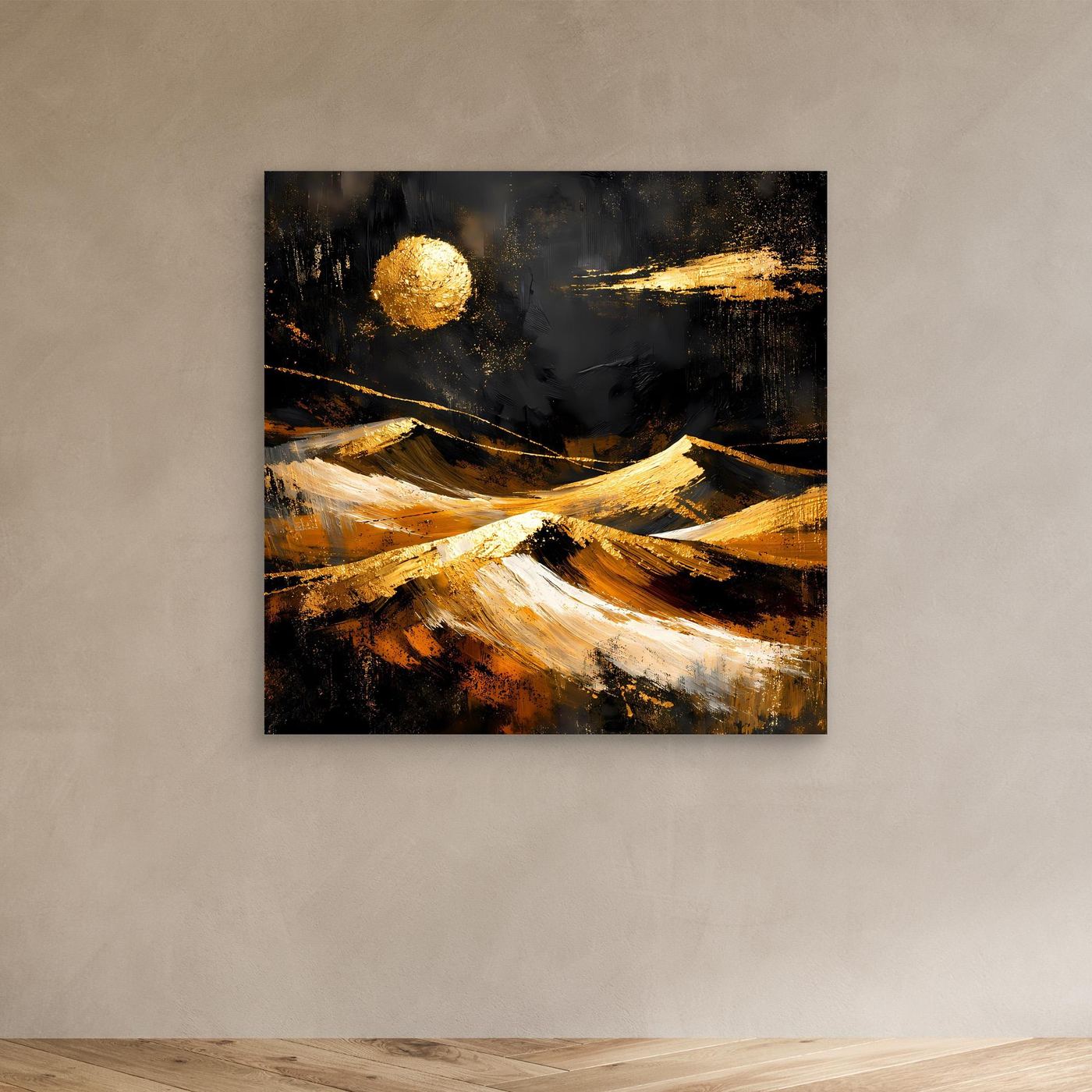 Leinwand Goldene Wüstenlandschaft bei Nacht | Abstraktes Dünen Wandbild Modern
