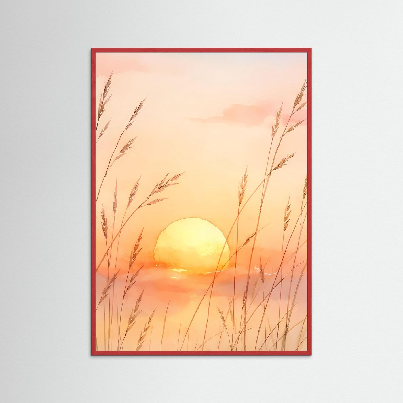 Wandbild mit Sonnenuntergang über Gräsern, rot gerahmt