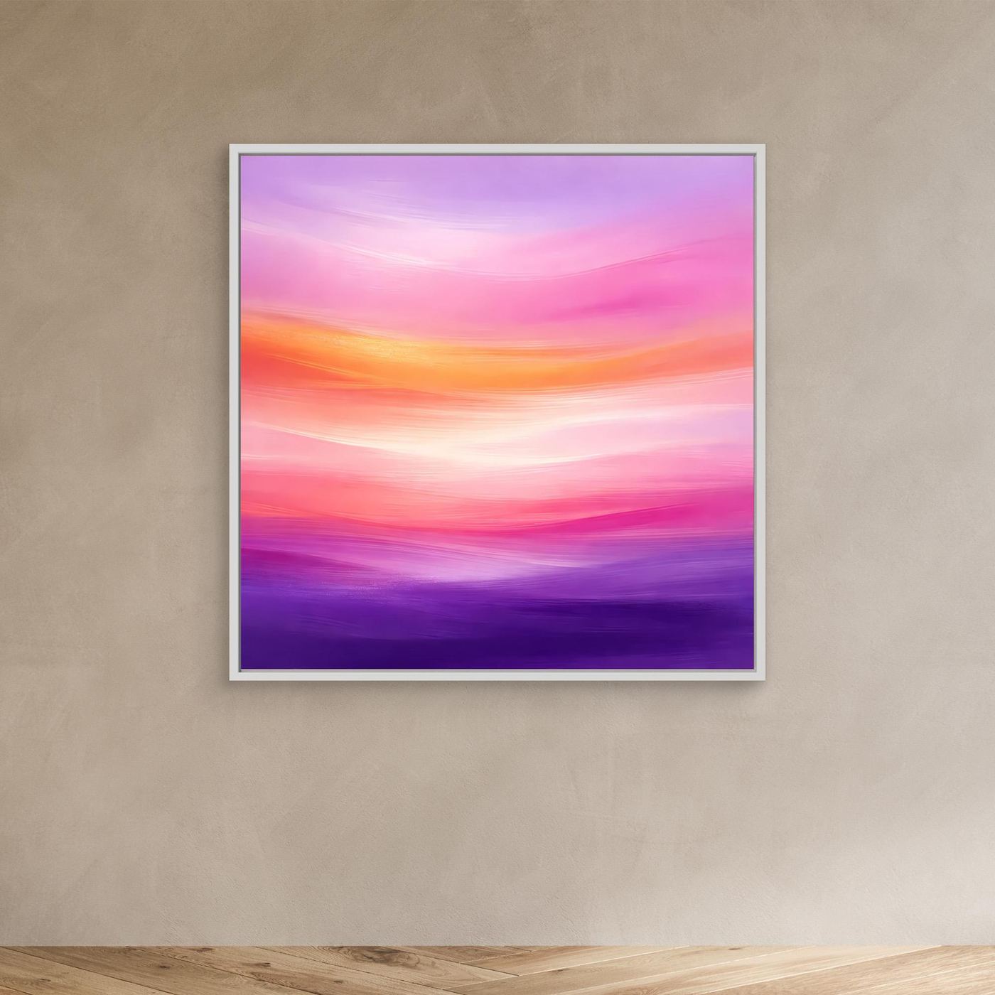 Abstraktes Leinwandbild mit Horizont, Abendrot in Violett und Pink im weißen Rahmen
