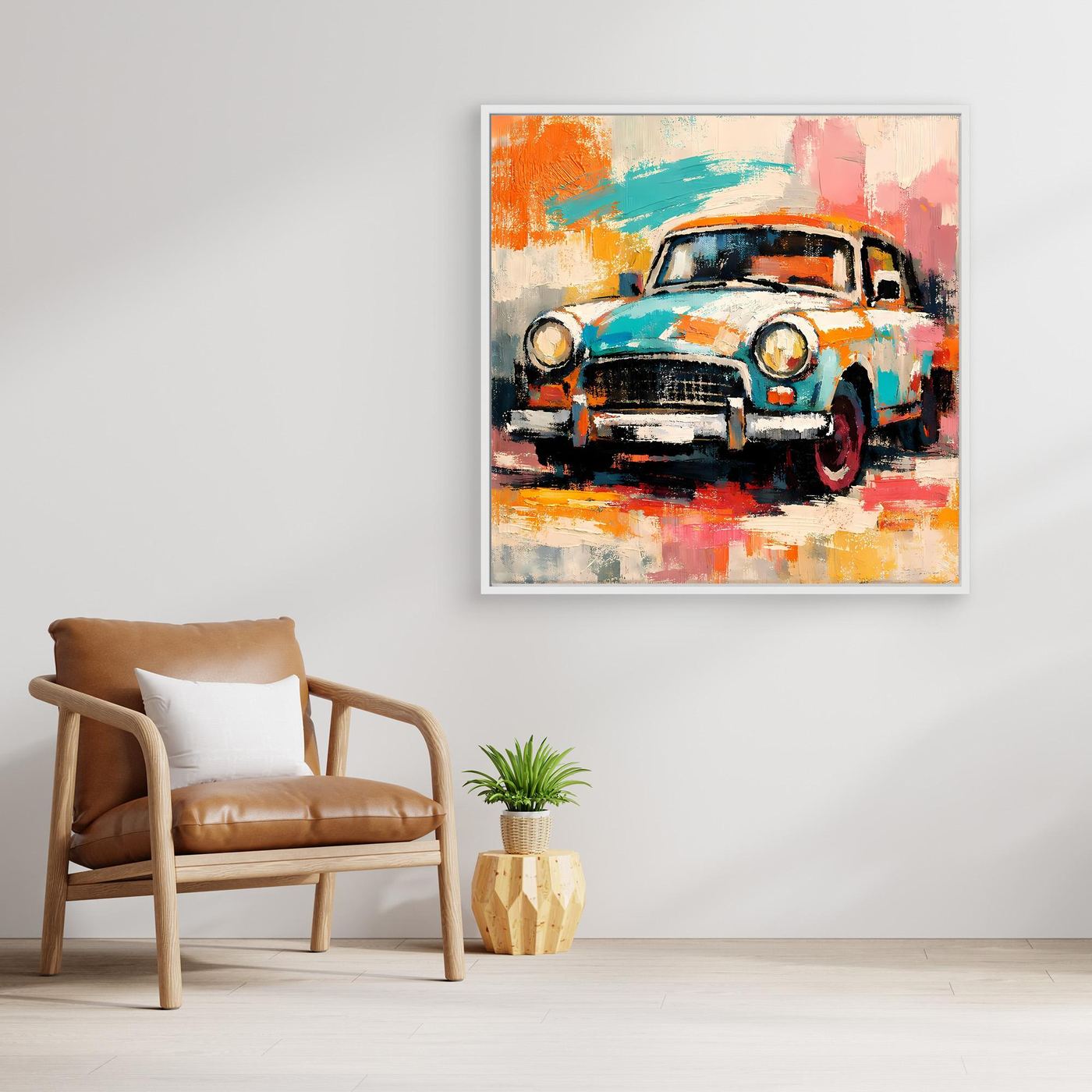 Framed abstract vintage car wall art with turquoise, orange, and pink brushstrokes