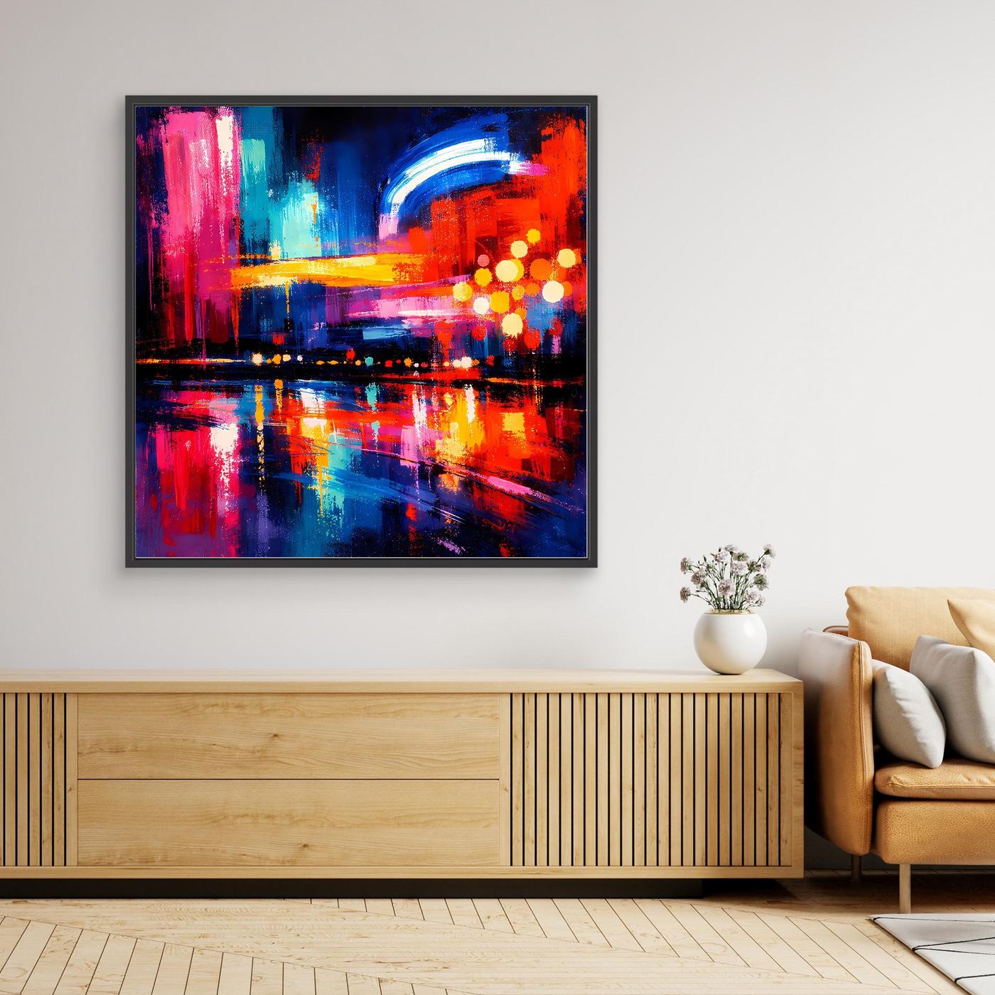 Leinwand-Wandbild, abstrakte Skyline im Nachtstil, schwarzer Rahmen
