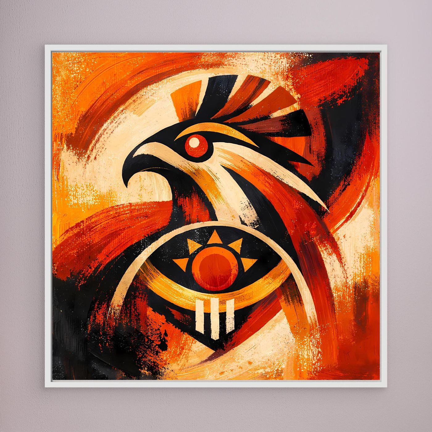 Wandbild mit abstraktem Falken- und Adler-Sonnensymbol, weiß gerahmt, markante Farben