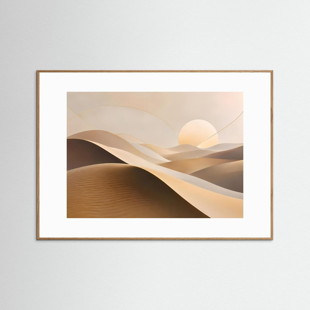 Querformat-Poster mit Sanddünen-Motiv in Beige und Braun im braunen Rahmen