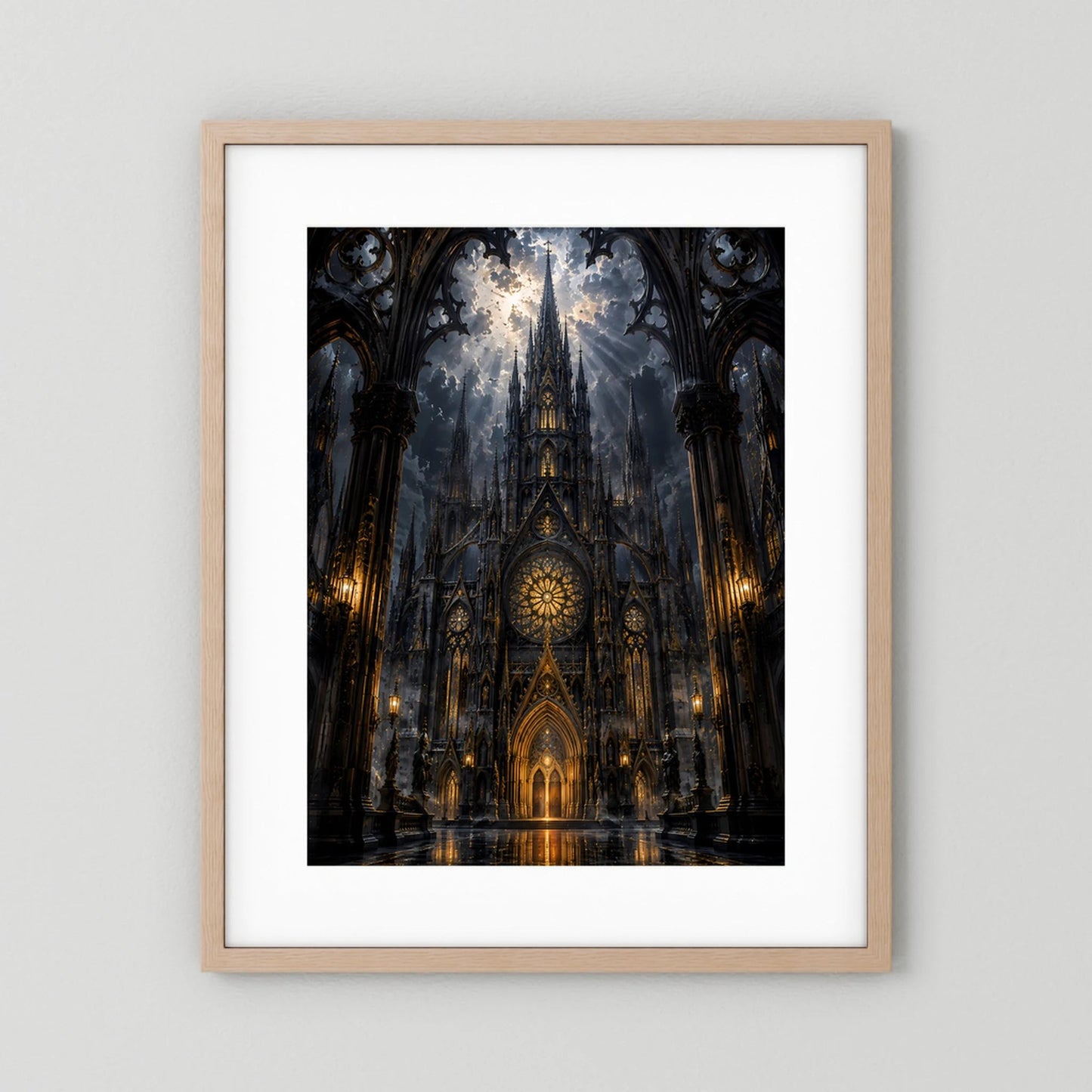 Hochformat-Poster gotische Kathedrale in Schwarz und Gold, Rahmen aus hellem Holz