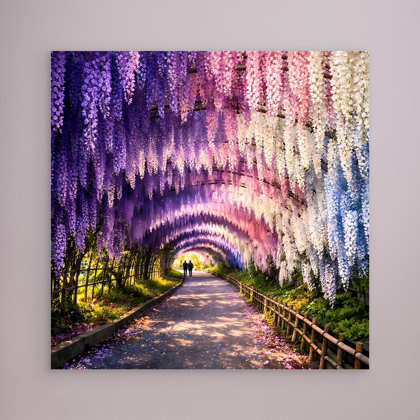 Leinwandbild Wisterientunnel mit lila, rosa und cremefarbenen Blüten, Weg im Bild; ohne sichtbaren Rahmen