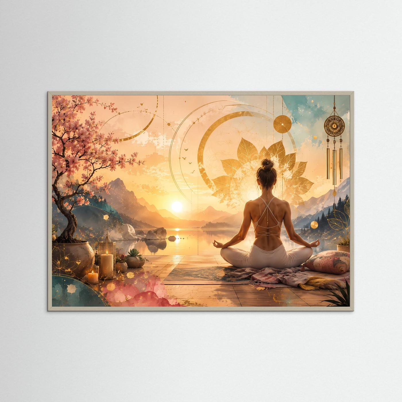 Meditierende Frau am Bergsee | Yoga, Lotus & Sonnenuntergang in Gold und Pastell