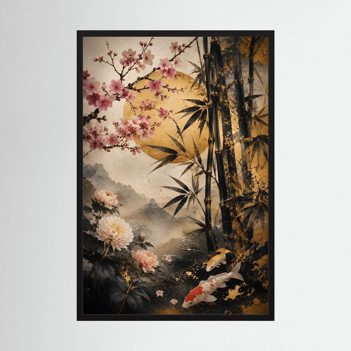 Japanposter Hochformat mit Koi, Kirschblüten und Bambus im Schwarz-Gold-Look, schwarz gerahmt