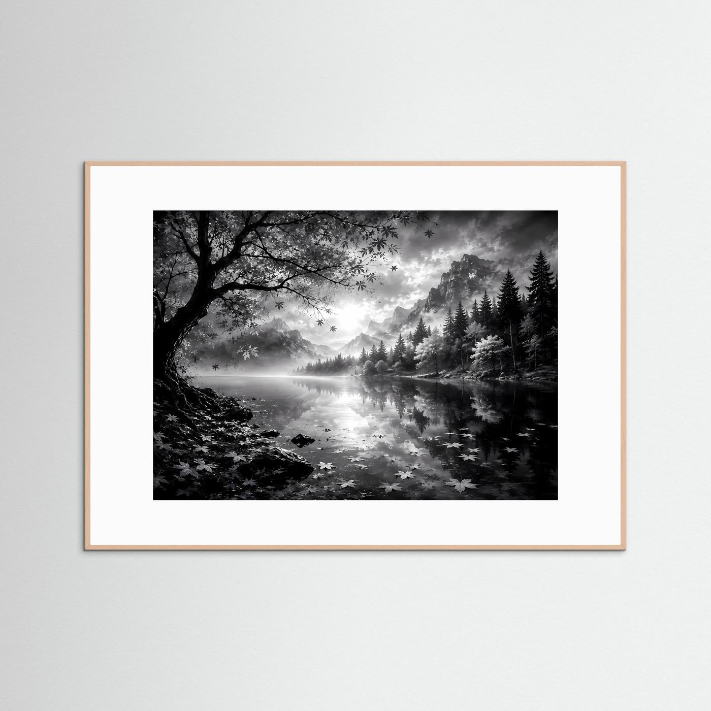 Schwarz Weiß Landschaft Poster | Bergsee Wandbild | Nebel Berge Natur | Monochrome Wandkunst | Moderner Fine Art Print