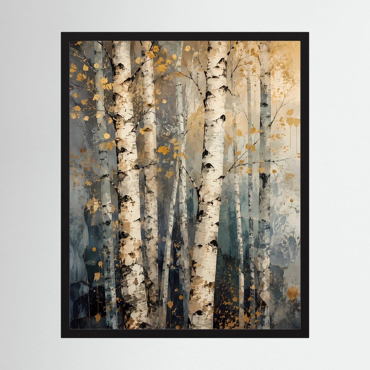 Abstraktes Birkenwald-Poster mit schwarzem Rahmen, vertikal, beige-graue Baumstämme