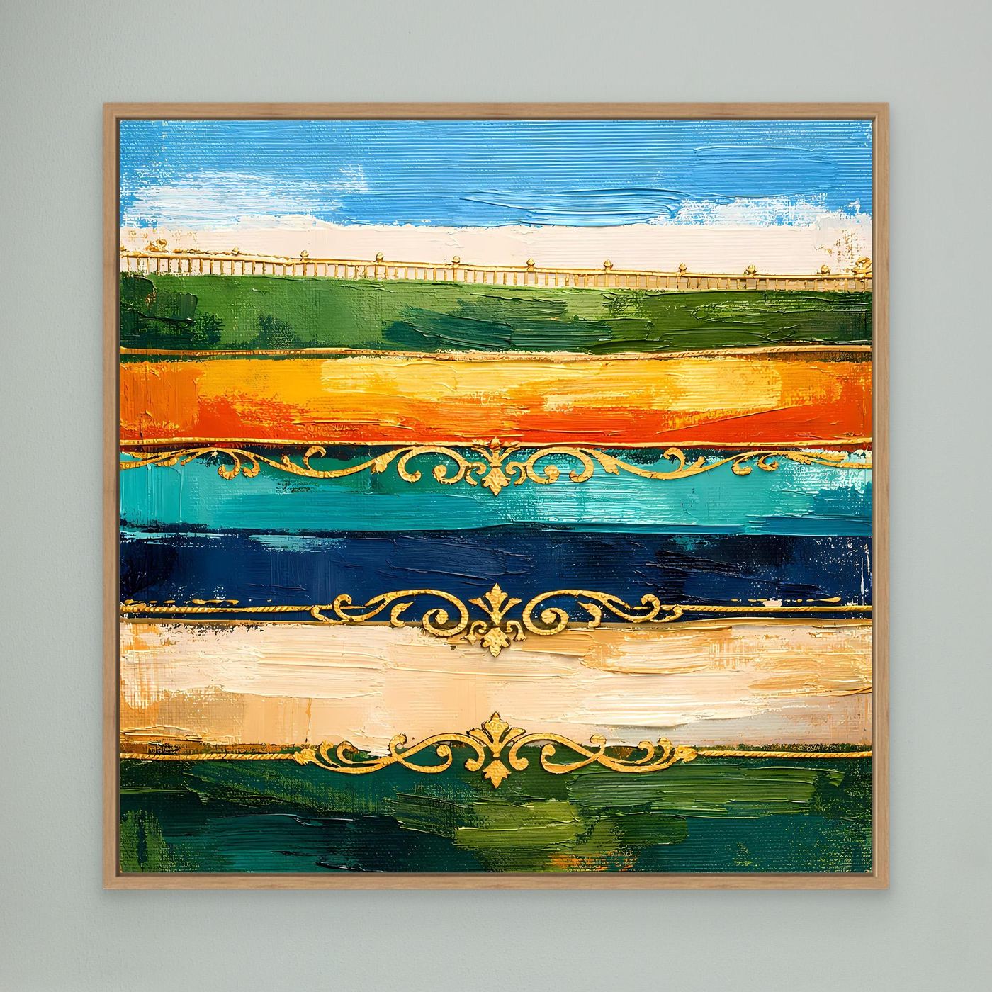 Leinwand Elegante Abstrakte Farbstreifen | Modernes Wandbild mit Goldornamenten