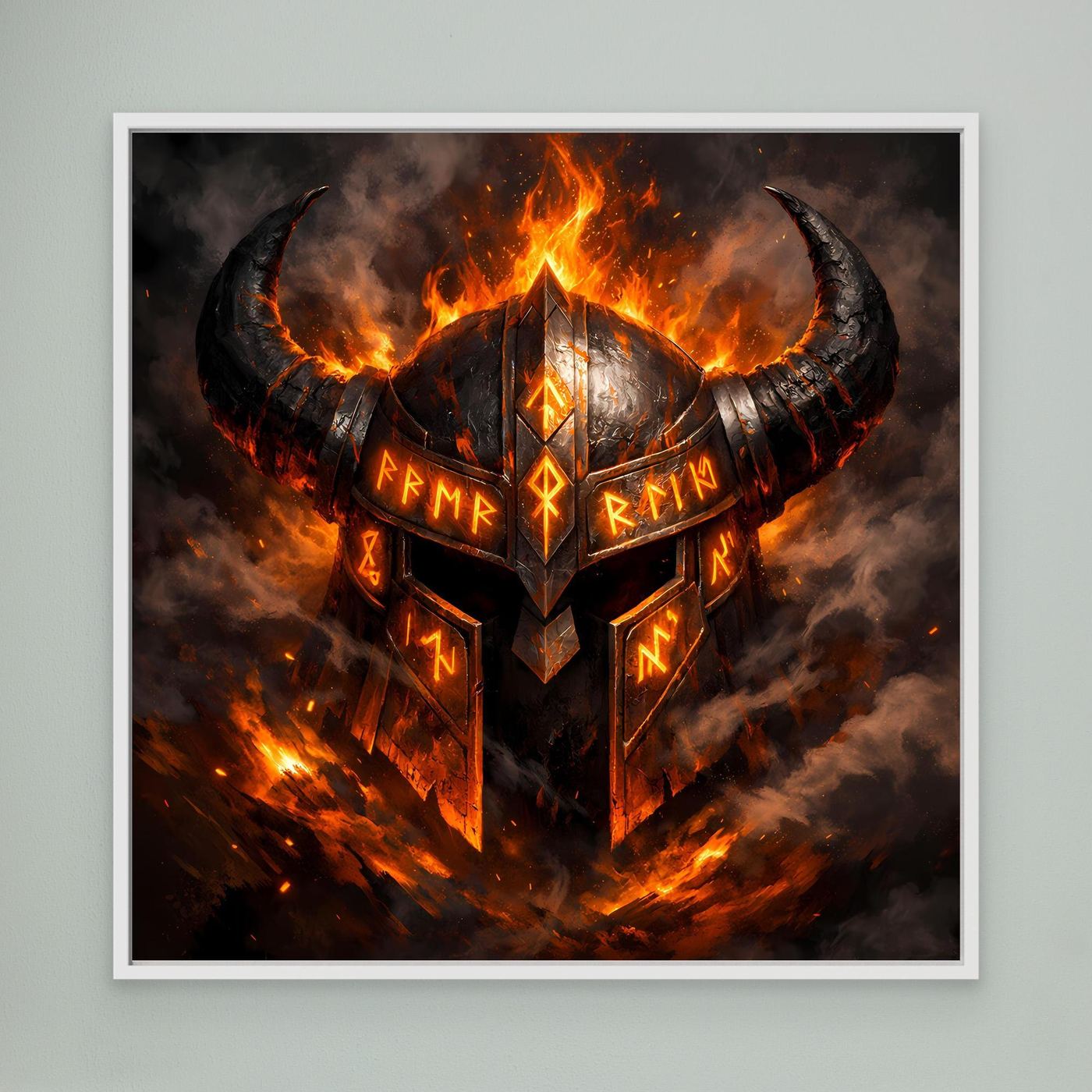 Leinwand-Wandbild mit flammendem Wikingerhelm und Runen, weiß gerahmt