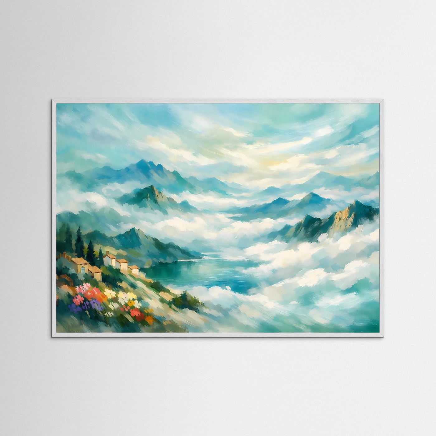 Wandbild Berglandschaft im Nebel, impressionistisch, mit grauem Rahmen