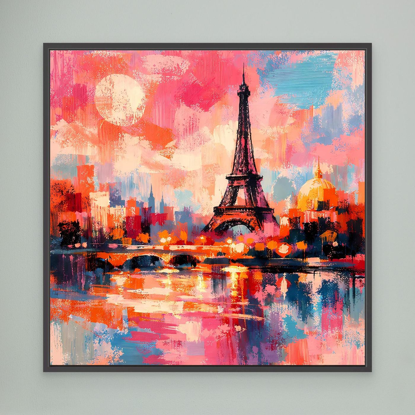 Leinwand-Wandbild mit abstraktem Eiffelturm über farbigem Stadt- und Wasserbild, schwarz gerahmt.