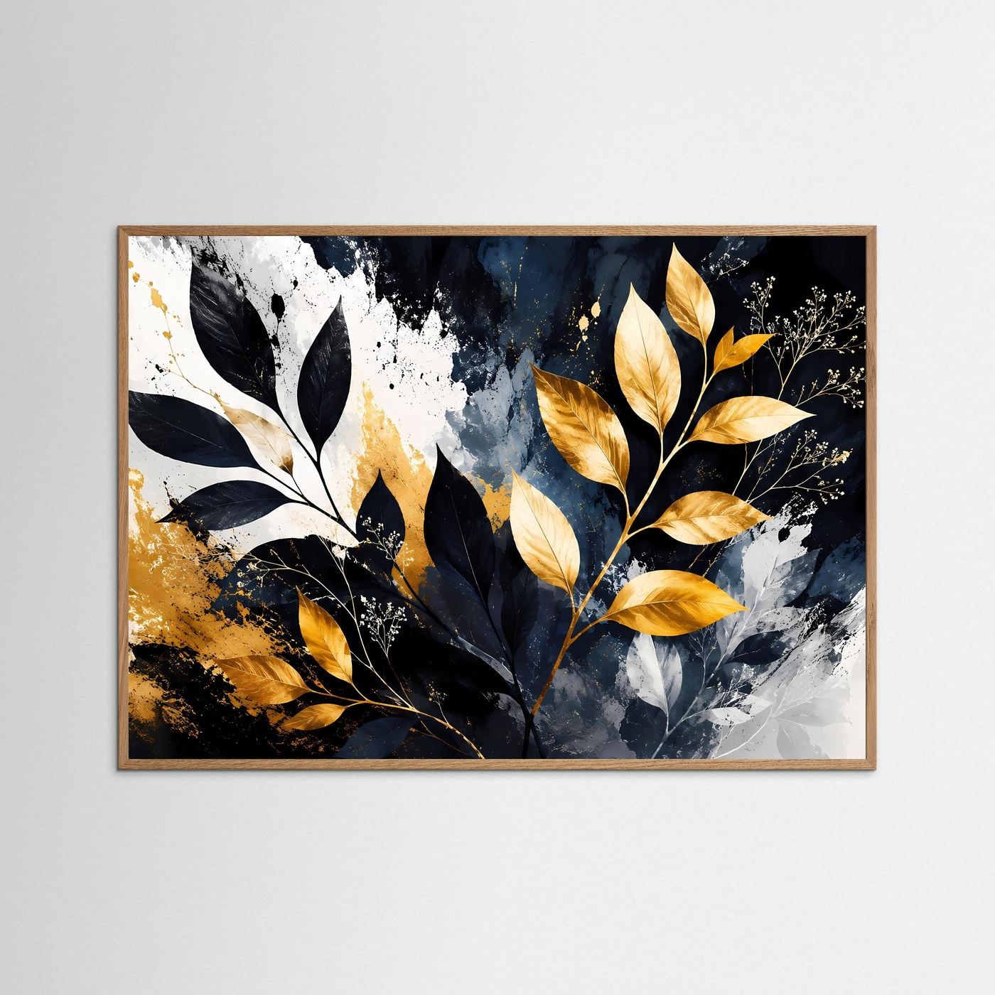 Goldene Botanische Blätter Wandbild | Schwarz Weiß Gold Pflanzen Kunst | Moderne Botanical Wall Art | Luxus Leinwand Poster | Elegante Natur Deko