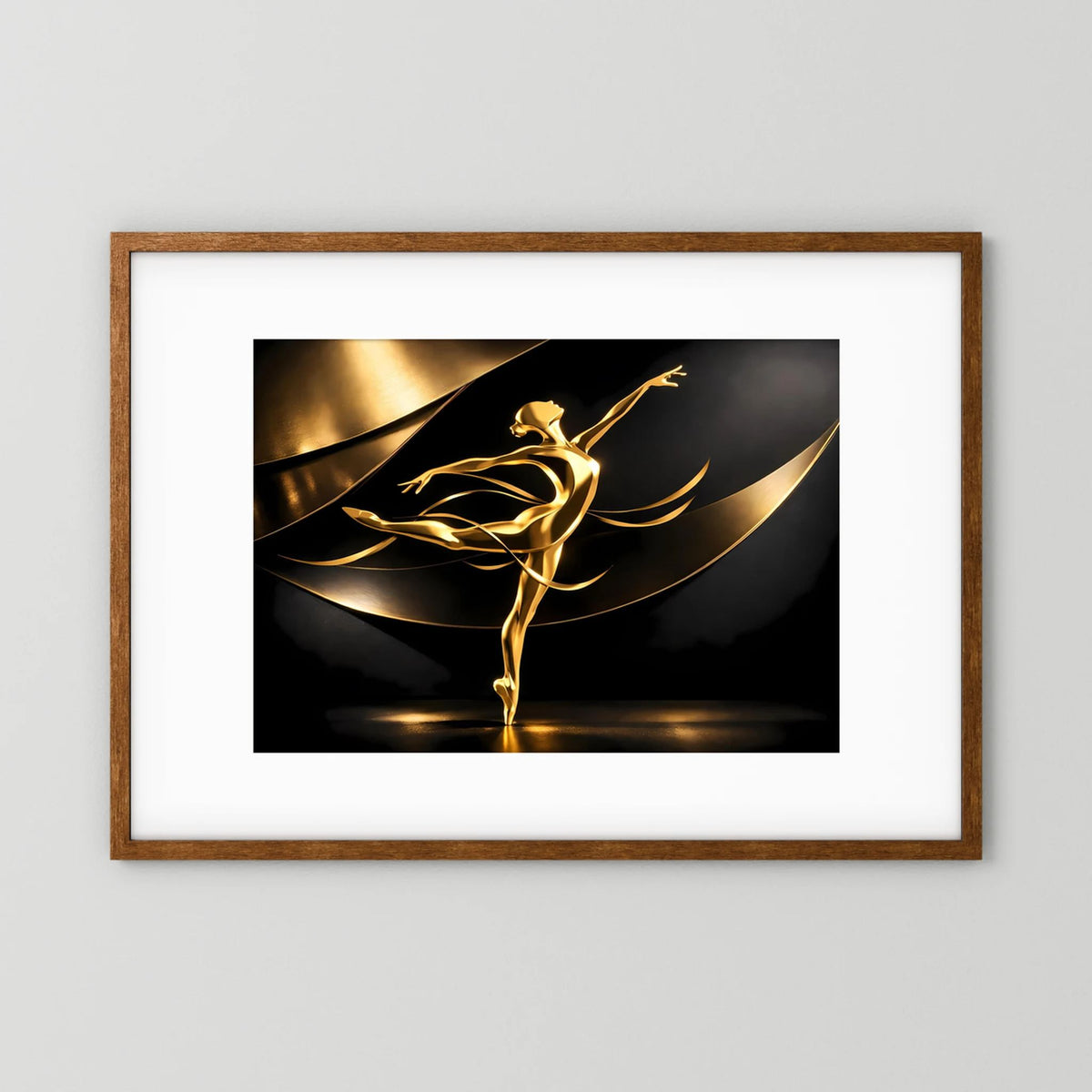 Wandbild im Holzrahmen mit weißem Rand und goldener Ballerinafigur auf dunklem Grund.