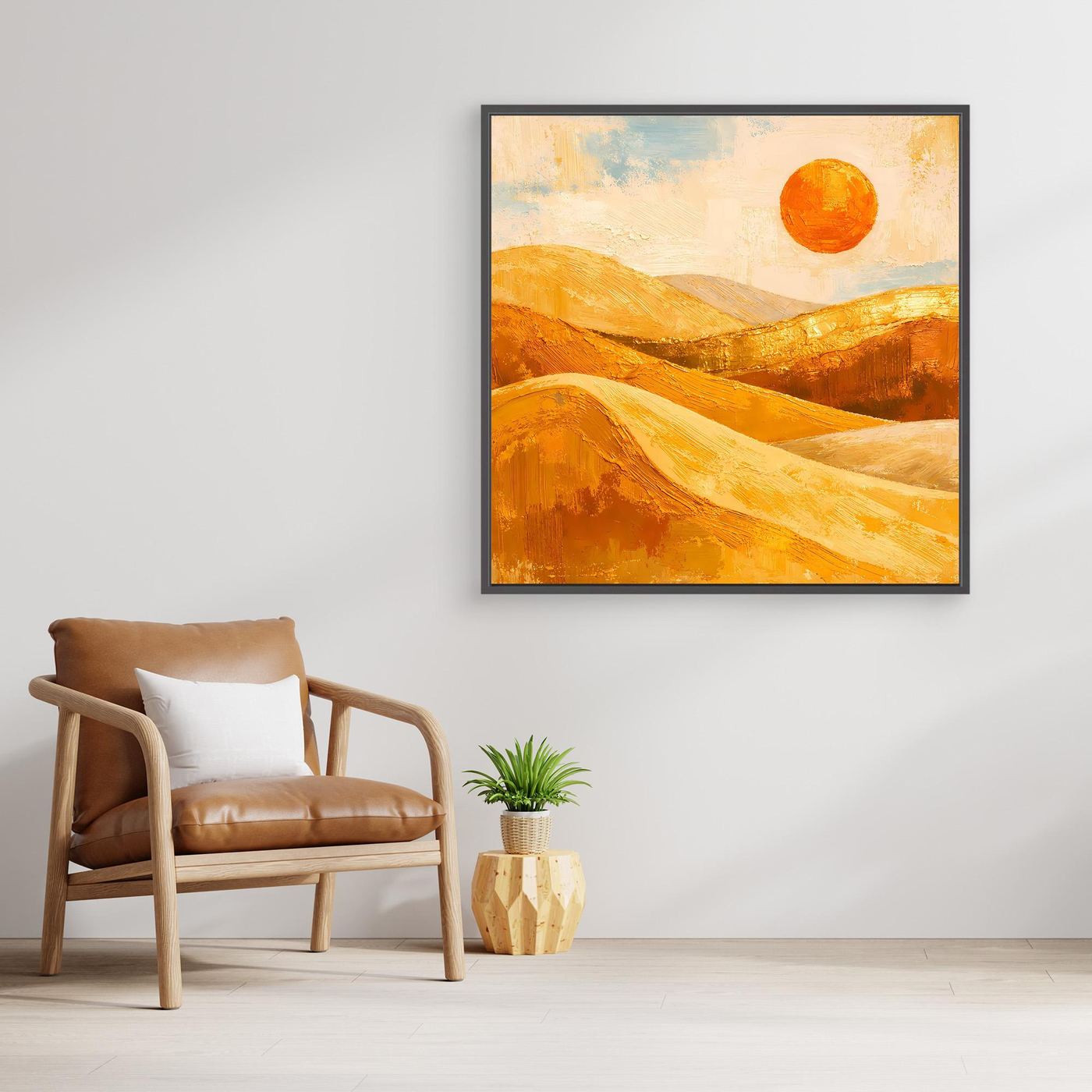 Abstraktes Wüstenlandschaft-Wandbild: goldene Dünen und rote Sonne im schwarzen Rahmen