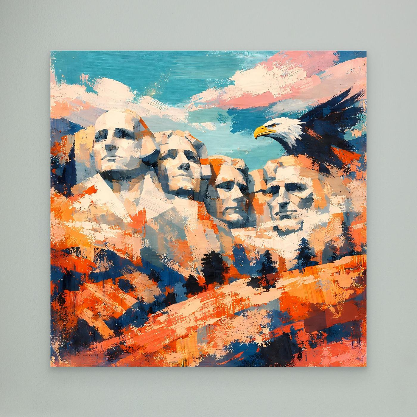 Abstraktes Leinwand-Wandbild ohne Rahmen: Adlerkopf und Berggesichter in Blau, Orange und Weiß