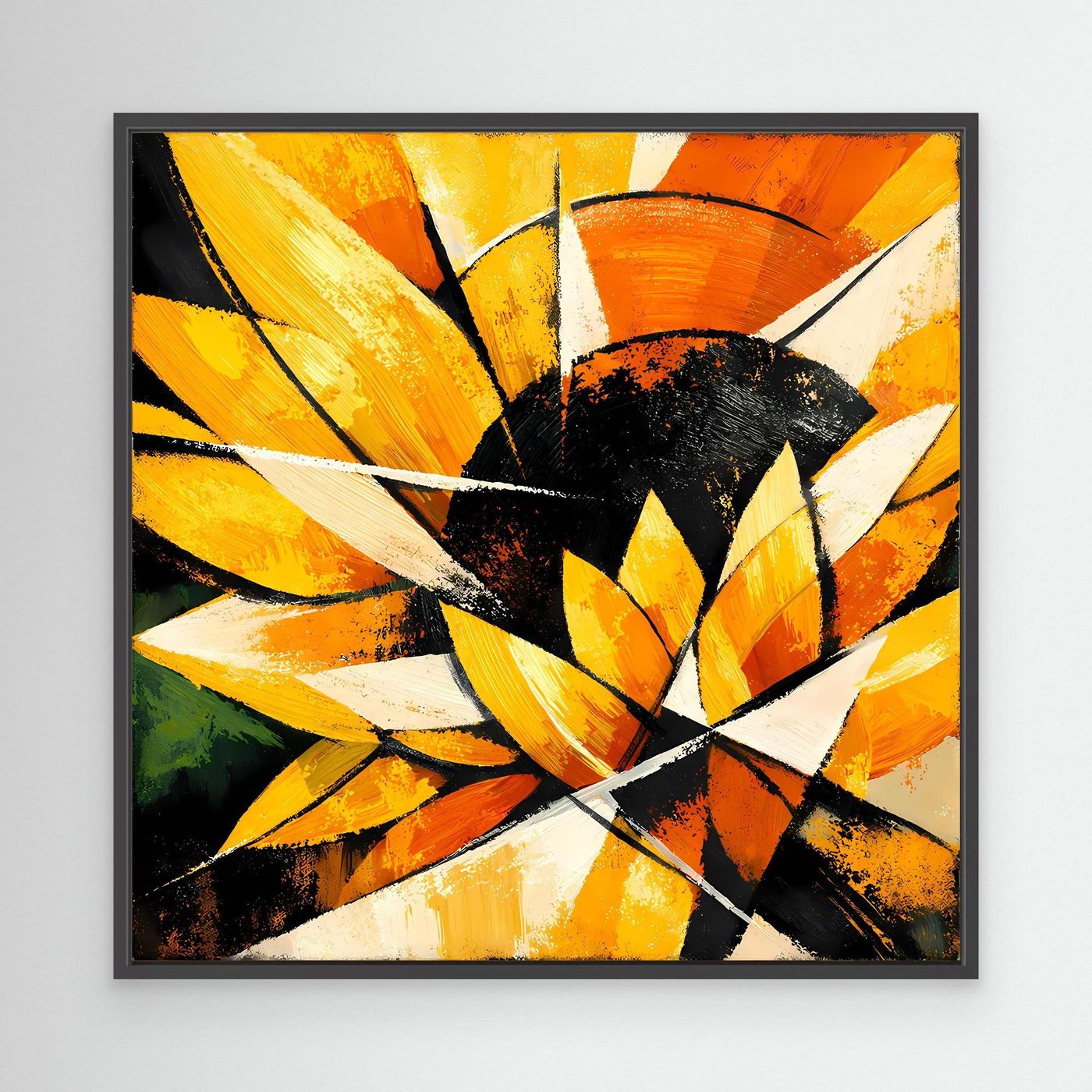 Abstraktes Leinwandbild Sonnenblume: orange-gelbe Petalen, schwarzer Kern, weiße Highlights, dunkler Rahmen