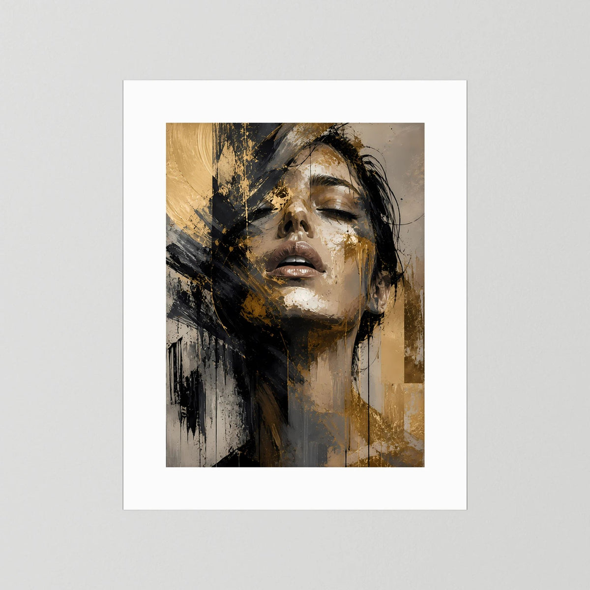 Poster im Hochformat mit abstraktem Frauenporträt in Gold und Schwarz, weißer Rand